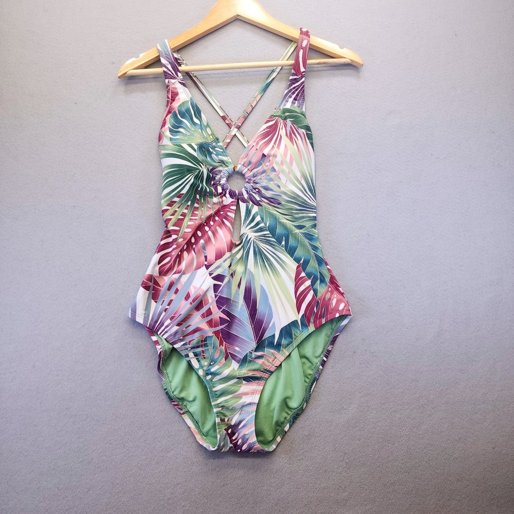 Bleu Rod Beattie Tropical Palm Print One Piece Swimsuit Ring Cutout Size 8 Green